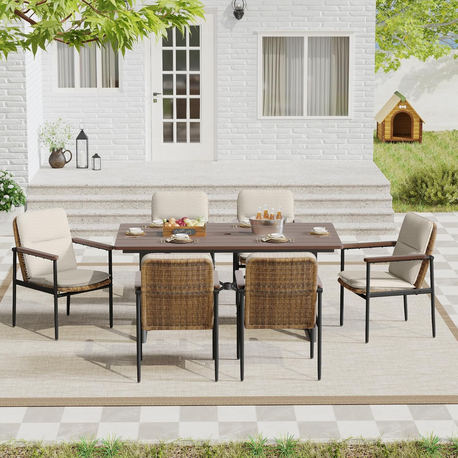 7-Piece Patio Dining Set, Wicker Outdoor Table and Chairs Set for 6 with Powder-Coated Aluminum Frame