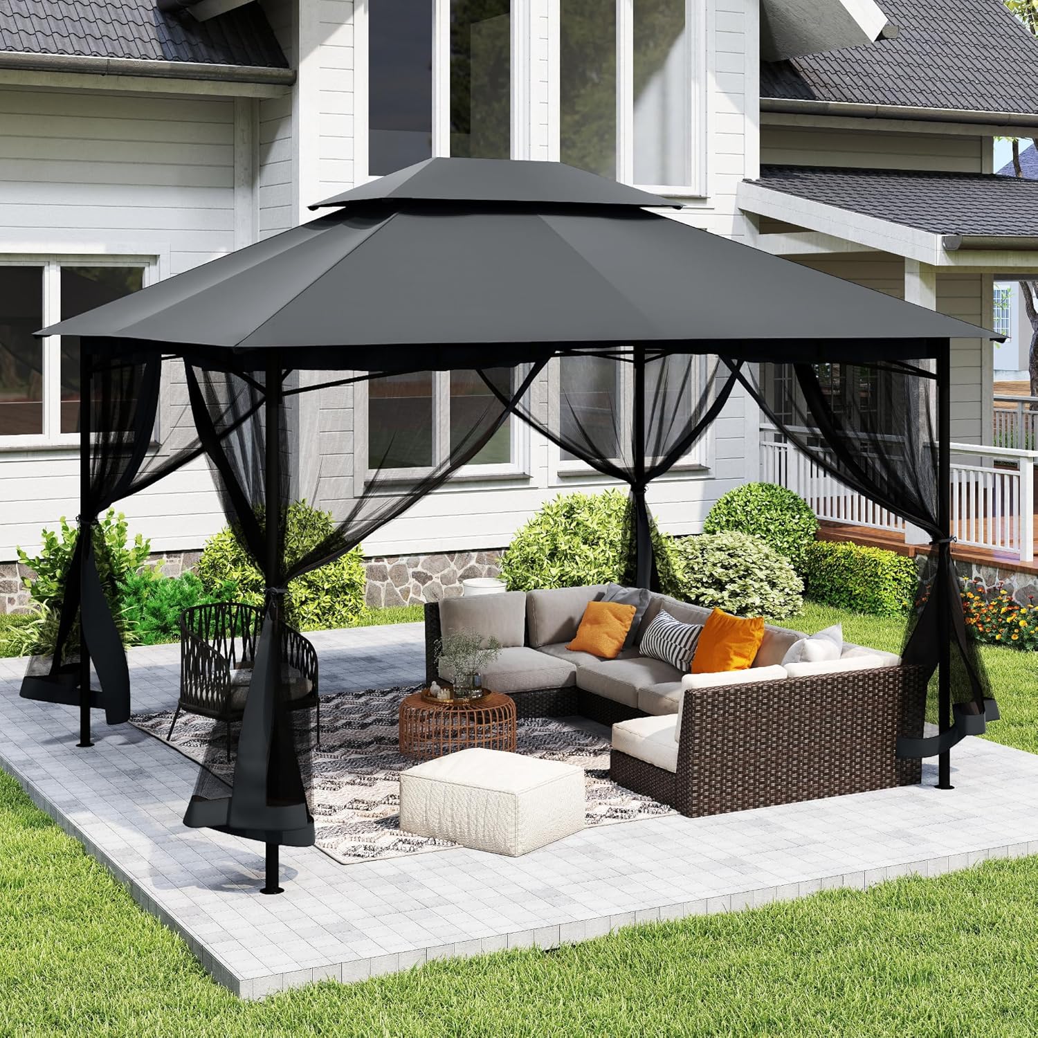 10' X 12' Patio Gazebo with Ventilation Double Roof, Outdoor Gazebo with Removable Mosquito Netting