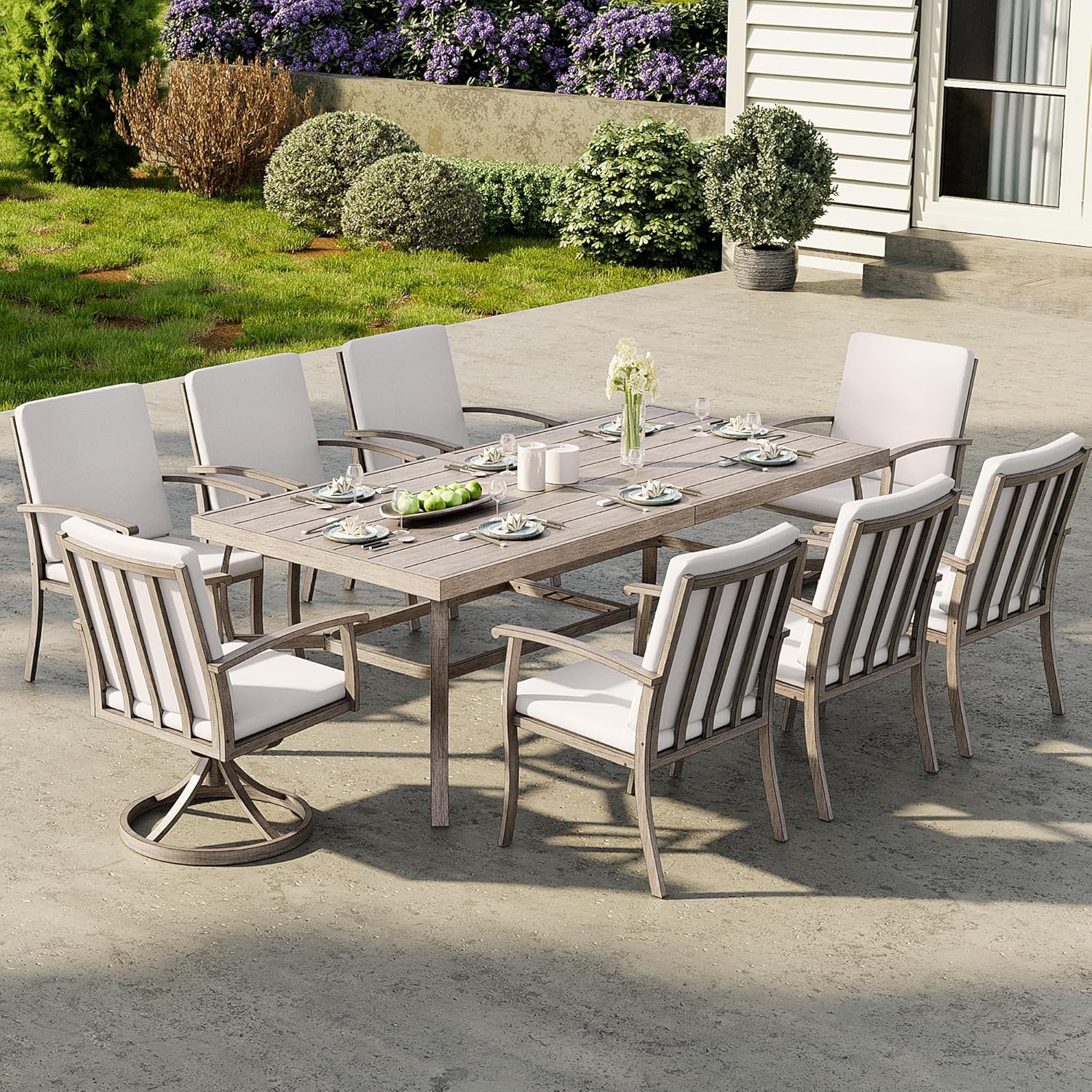 9-Piece Outdoor Patio Dining Set, Aluminum Patio Dining Set for 8, 1 Rectangular Table(Umbrella Hole)