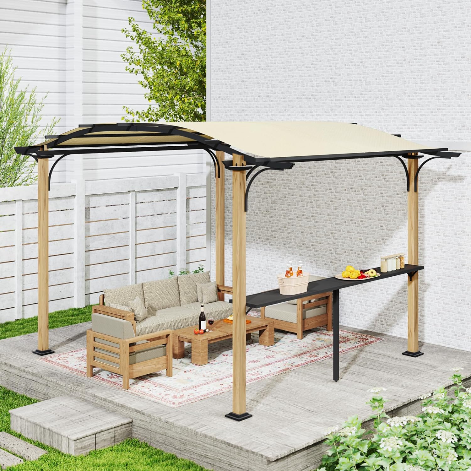 10' x 13' Arched Top Outdoor Pergola, Aluminum Frame Gazebo with Storage Shelf, Wood-Like Frame Patio Pergola Shade