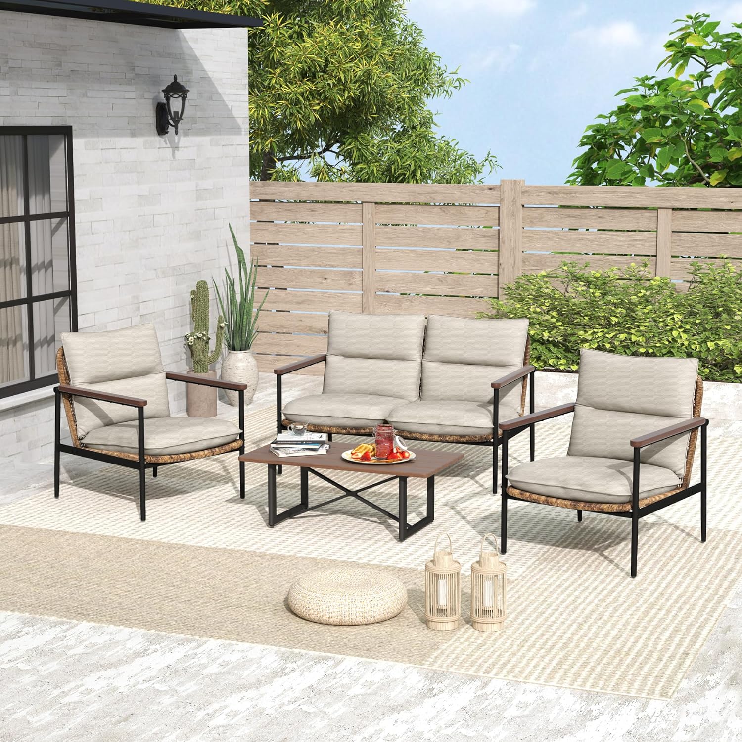Patio Conversation Sets 4 Pieces - Aluminum Loveseat Outdoor Furniture Sets with Thick Cushion, Coffee Table and Chairs Set of 2