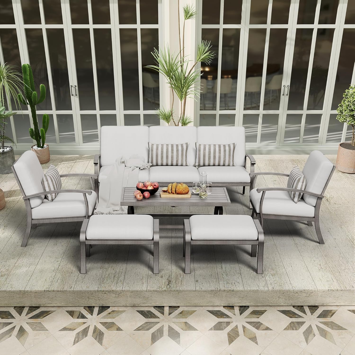 Aluminum Patio Furniture Set with Coffee Table 6 Pieces, Sectional 3 Seat Sofa Couch and Armchairs with Cushions and Ottomans