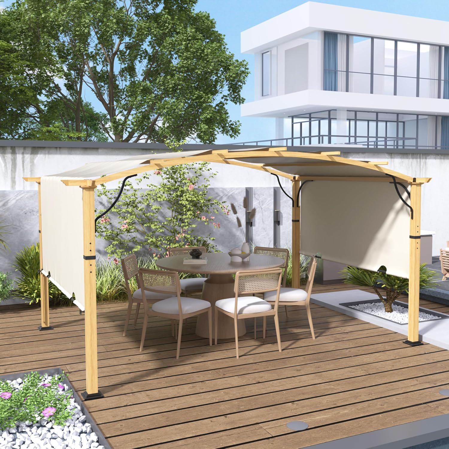 10 x13 Arched Outdoor Pergola for Deck, Outdoor Retractable Pergola with Canopy and Hardware