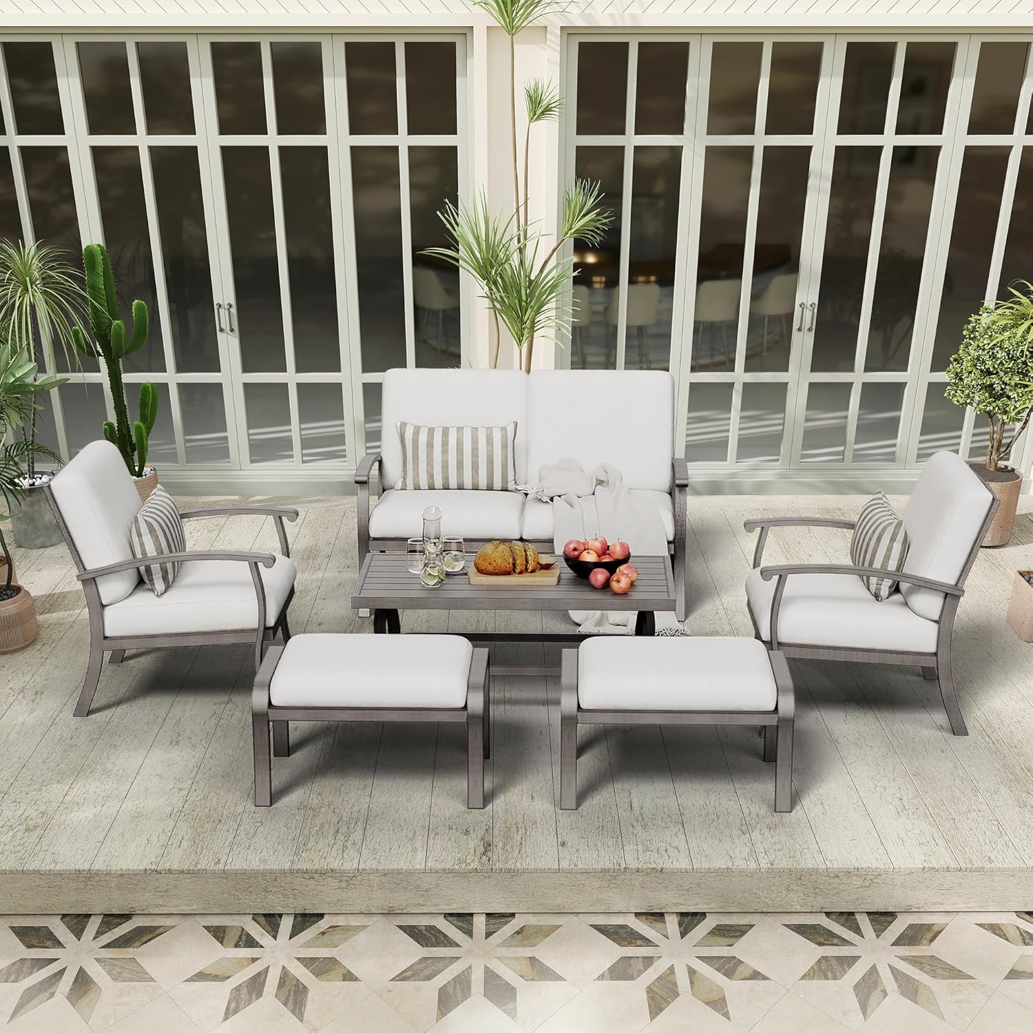Aluminum Patio Furniture Set with Coffee Table 6 Pieces, Sectional Loveseat and Armchairs with Cushion and Ottomans