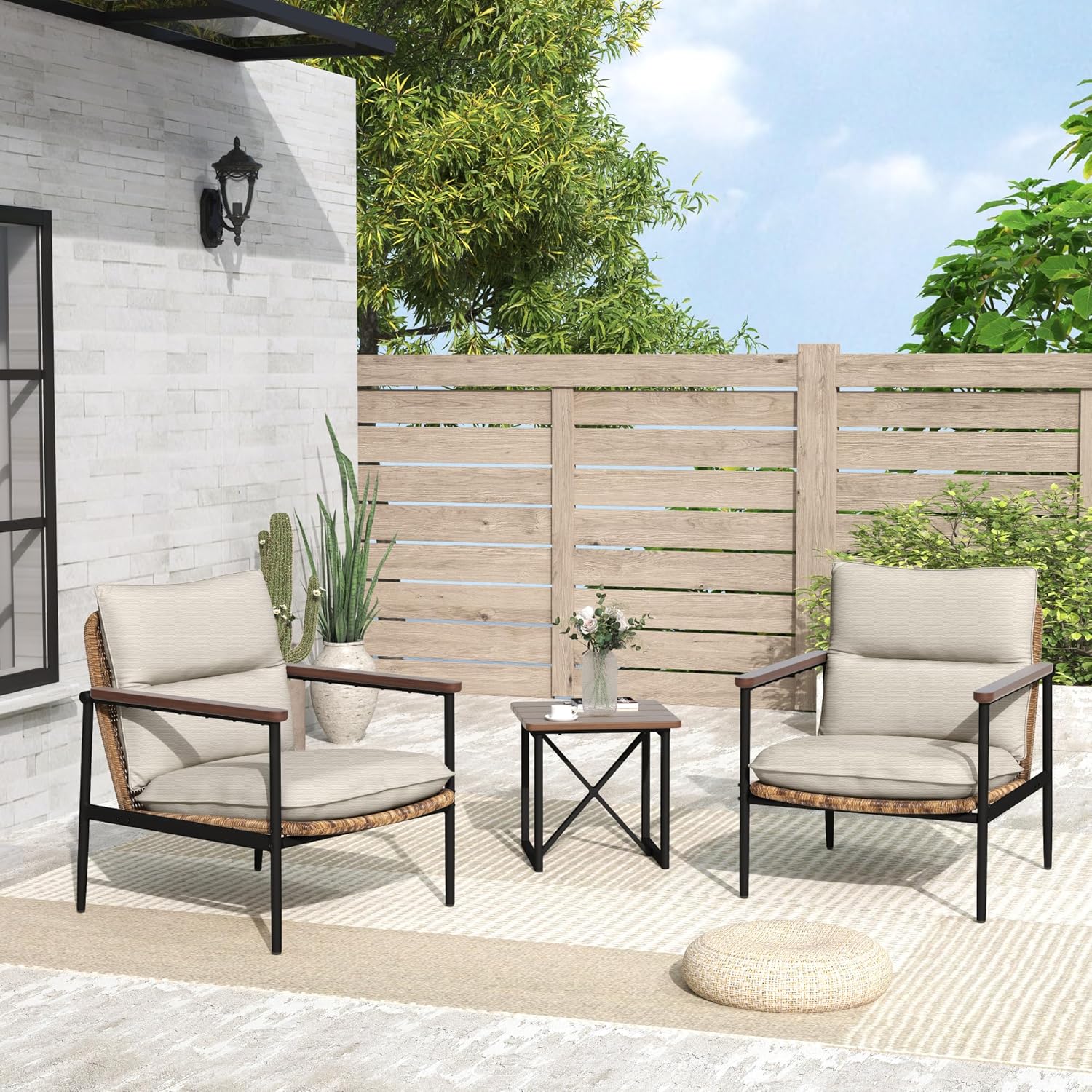 3-Piece Patio Outdoor Bistro Sets, All Weather Rattan Patio Furniture Set with Aluminum Frame Chairs and Side Table