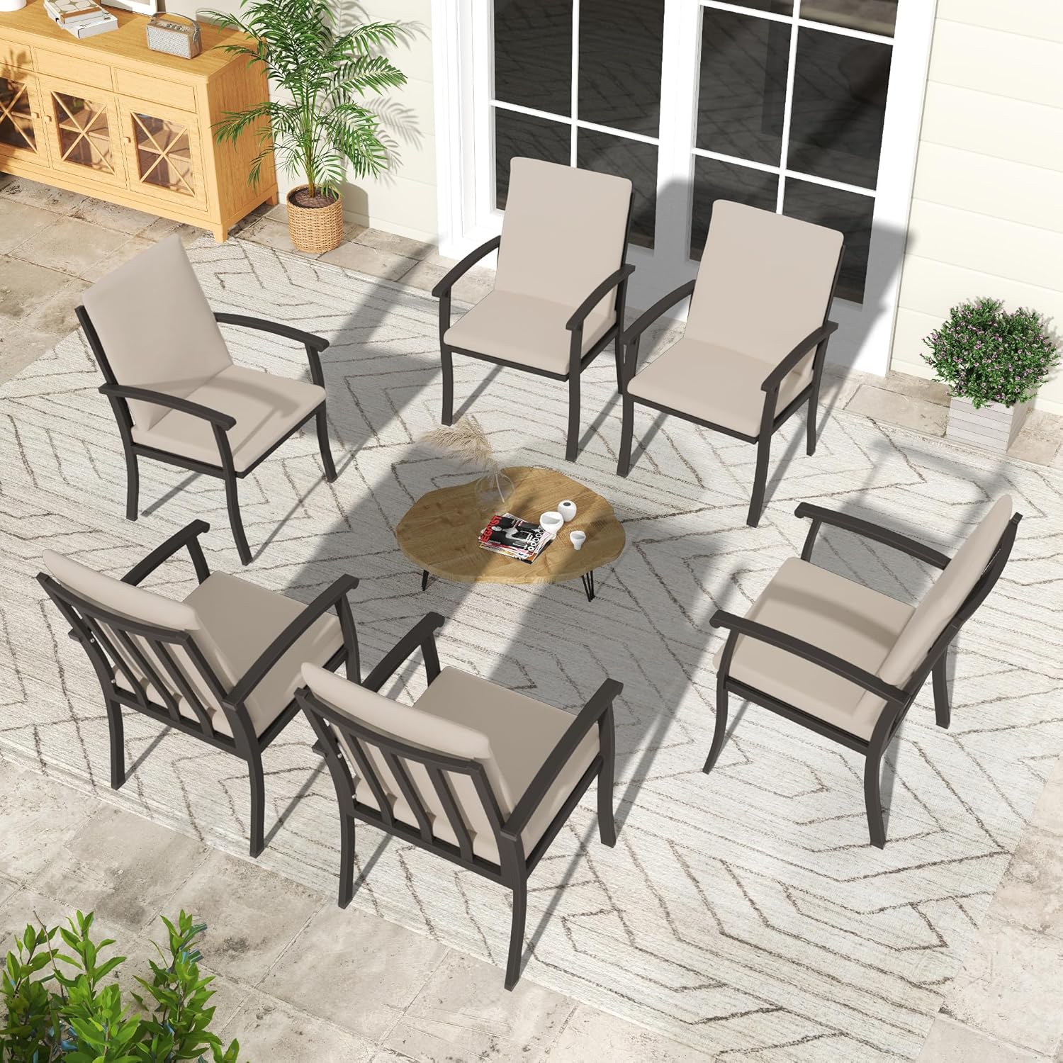 Outdoor Dining Chairs Set of 6, Patio Dining Chairs with Curved Armrest & Aluminum Frame
