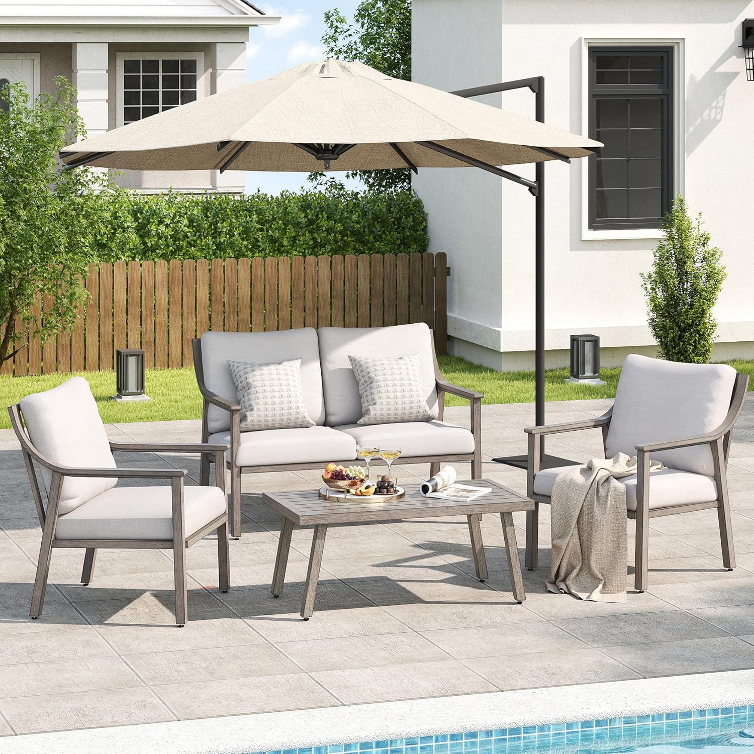Patio Conversation Sets 4 Pieces - Aluminum Loveseat Outdoor Furniture Sets with Thick Cushion, Coffee Table and Chairs Set of 2