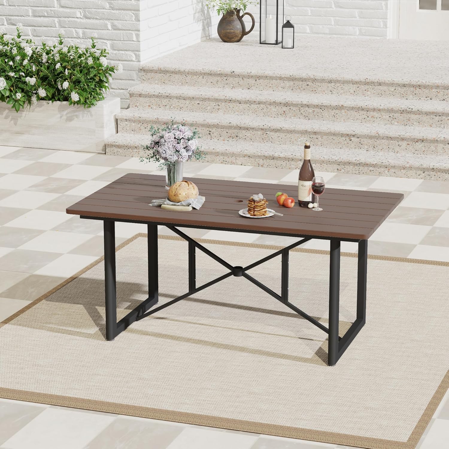 6-Person Outdoor Acacia Wood Dining Table, Patio Dining Table with Powder-Coated Aluminum Frame