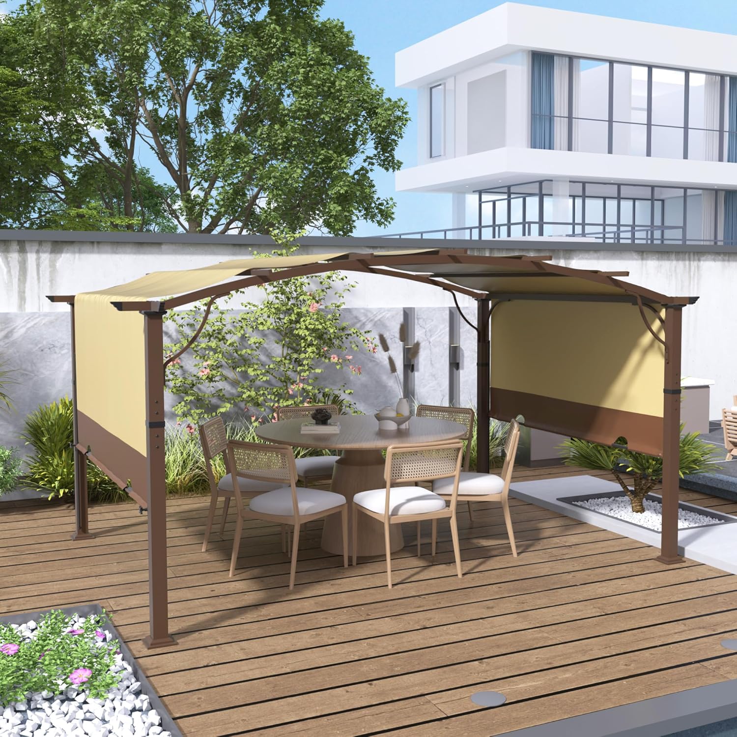 10 x13 Arched Outdoor Pergola for Deck, Outdoor Retractable Pergola with Canopy and Hardware