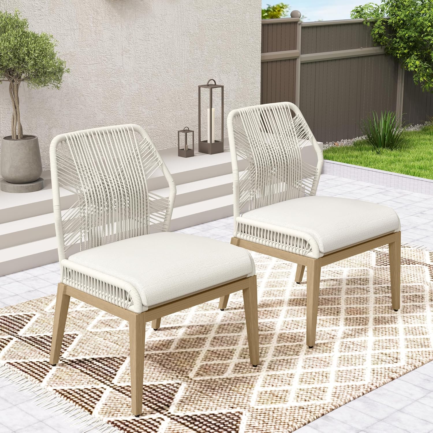Aluminum Patio Dining Chairs Set of 2, All-Weather Woven Rope Back Outdoor Dining Chair with Aluminum Frame