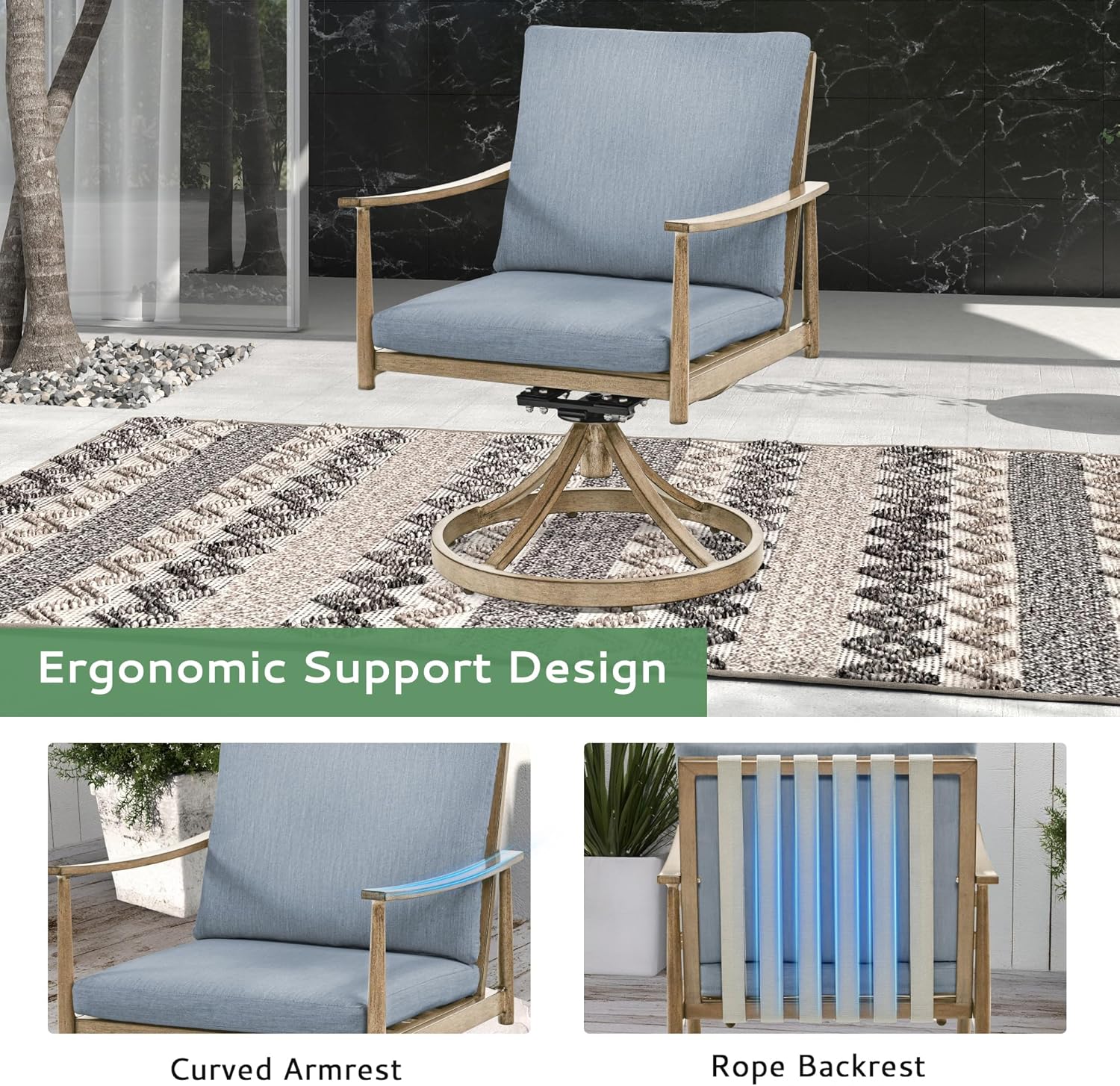 7-Piece Outdoor Dining Set for 6, Aluminum Dining Set with Cushions, 6 Swivel Chairs with Rope Backrest