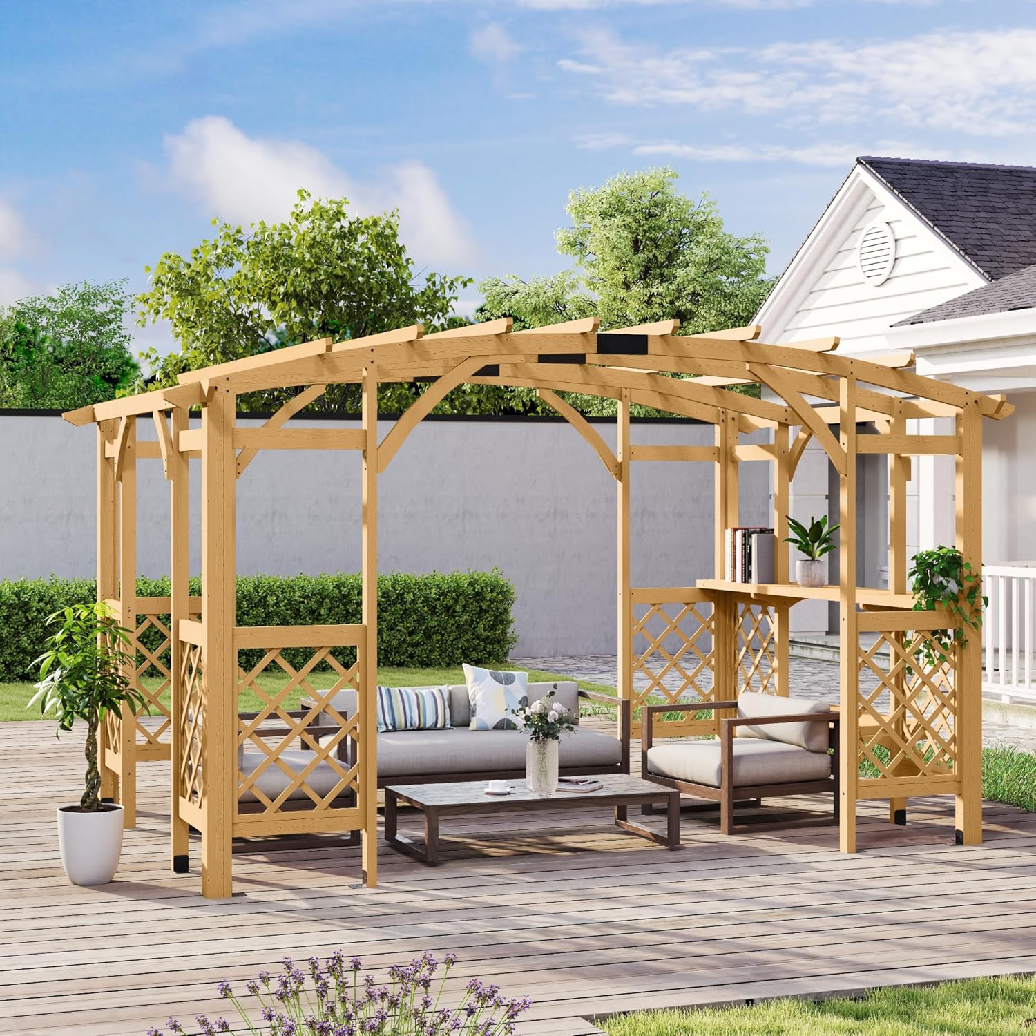 10' x 14' Wood Pergola Outdoor, Patio Pergola Solid Structure with Shelves