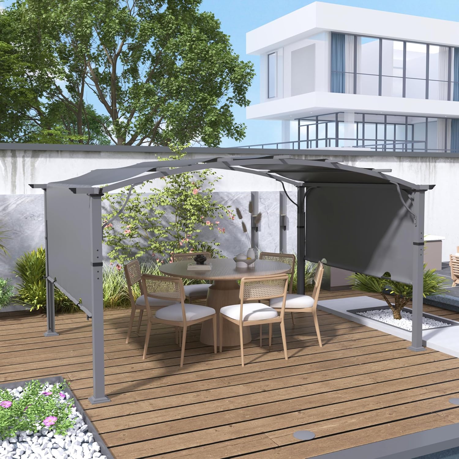 10 x13 Arched Outdoor Pergola for Deck, Outdoor Retractable Pergola with Canopy and Hardware