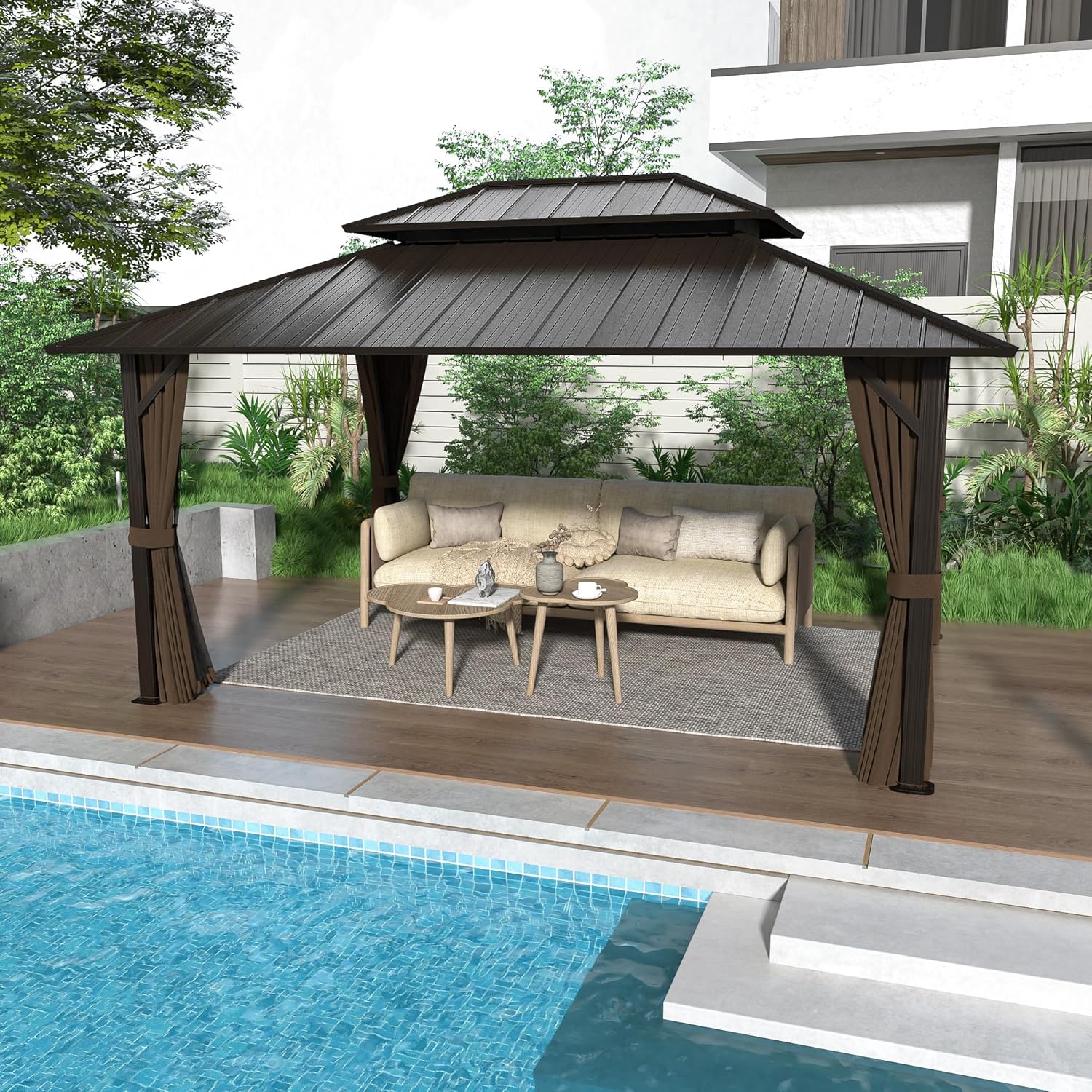 12' x 16' Hardtop Gazebo, Aluminum Frame with Double Galvanized Steel Roof, Outdoor Metal Gazebo with Netting & Curtains