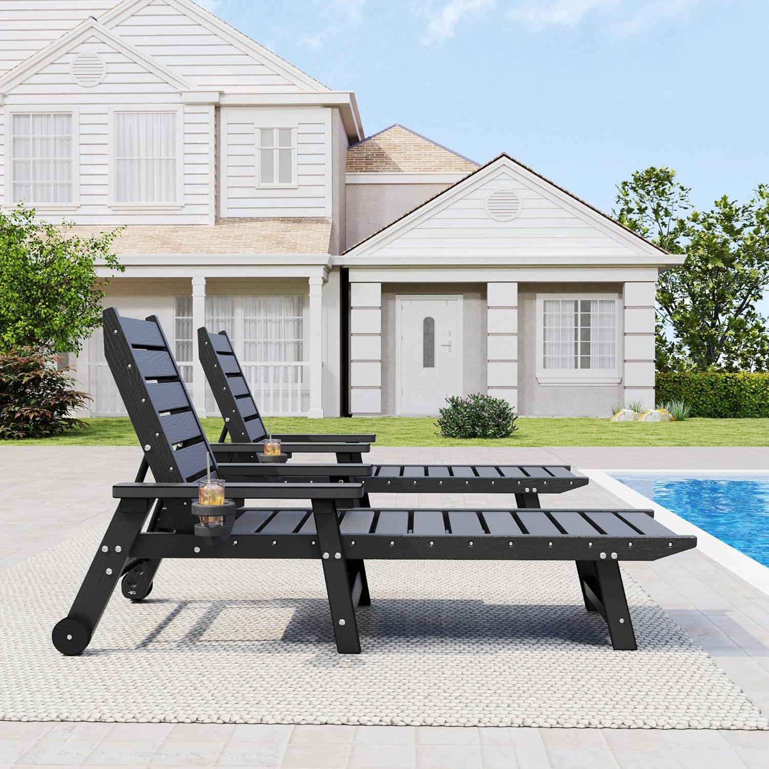 Outdoor Lounge Chairs Set of 2, HDPE Chaise Lounge 5-Level Adjustable Backrest, Pool Lounge Chair with Wheels and Cup Holder