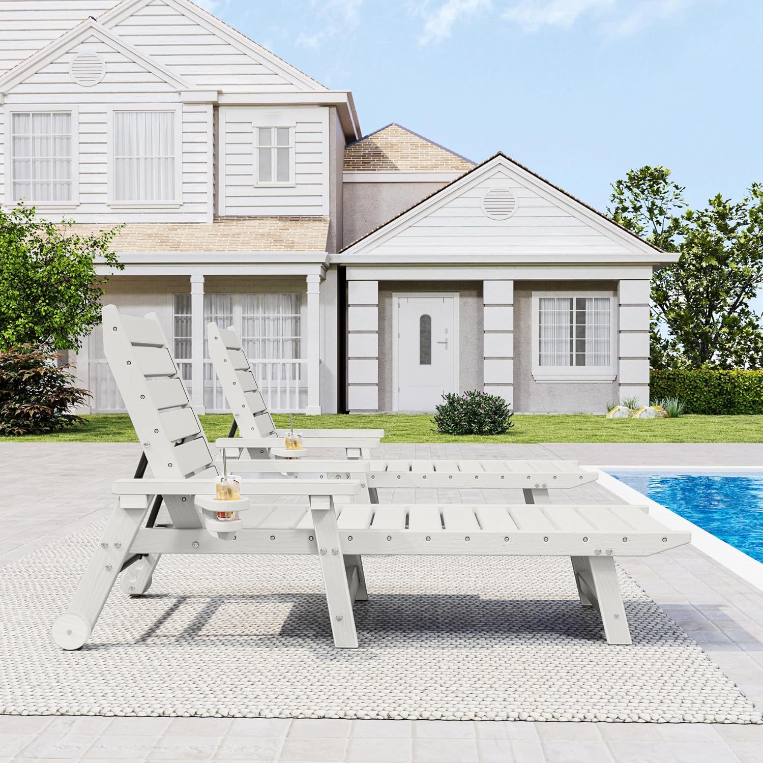 HDPE Chaise Lounge 5-Level Adjustable Backrest, Pool Lounge Chair with Wheels and Cup Holder