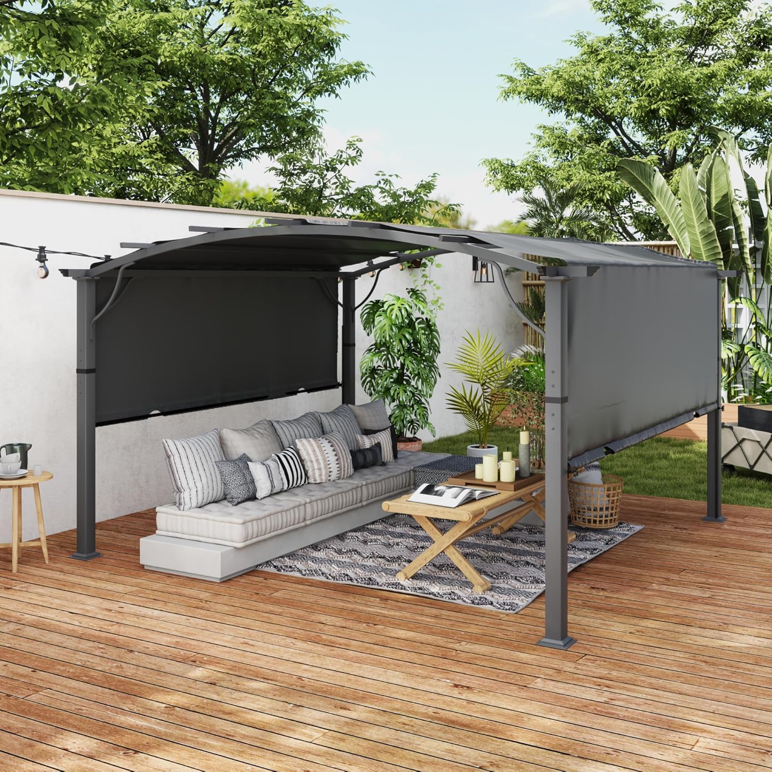 12 x12 Arched Outdoor Pergola for Deck, Outdoor Retractable Pergola with Adjustable Canopy