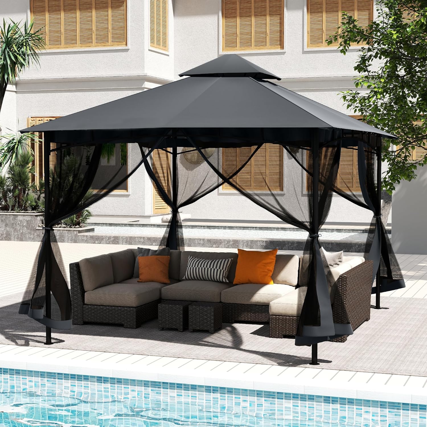 12' X 12' Patio Gazebo with Ventilation Double Roof, Outdoor Gazebo with Removable Mosquito Netting