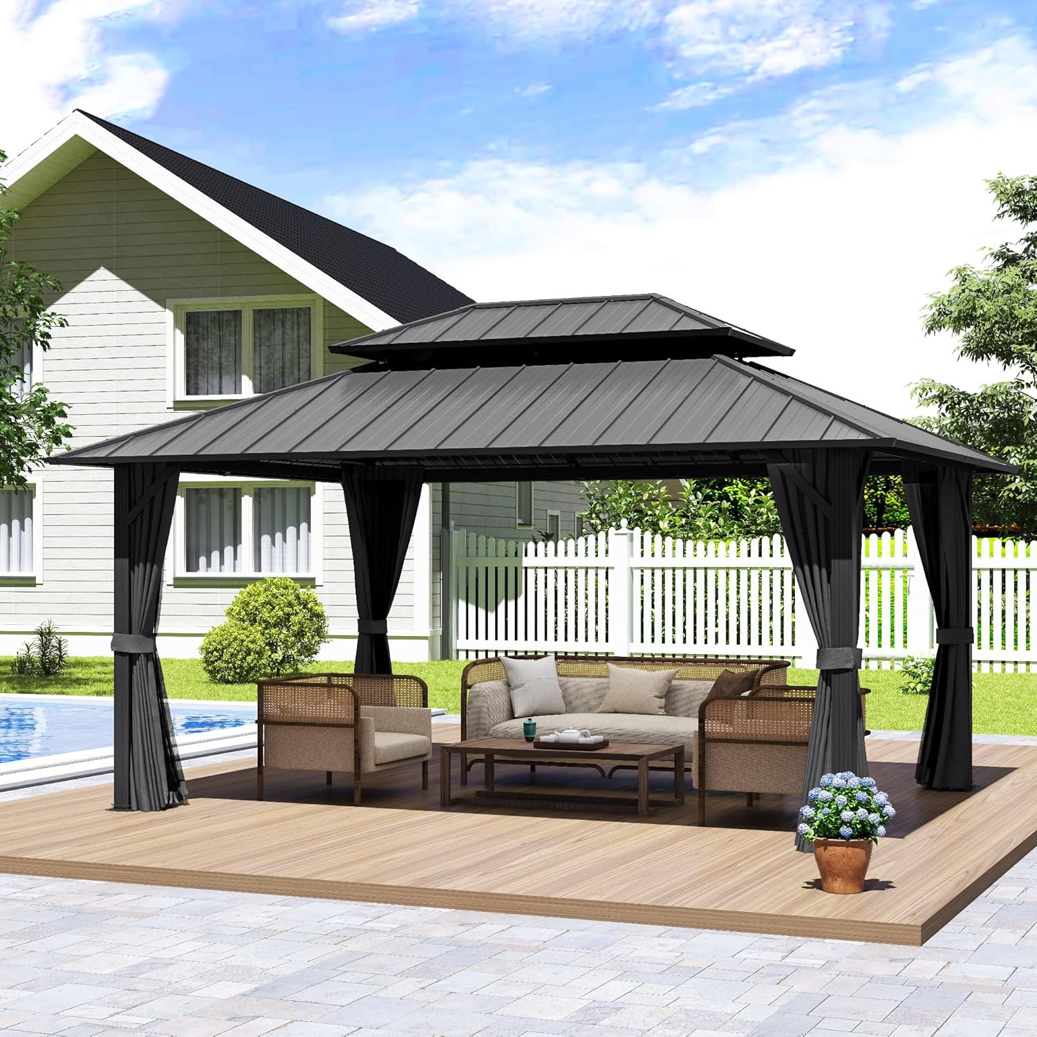 12' x 16' Hardtop Gazebo, Aluminum Frame with Double Galvanized Steel Roof, Outdoor Metal Gazebo with Netting & Curtains
