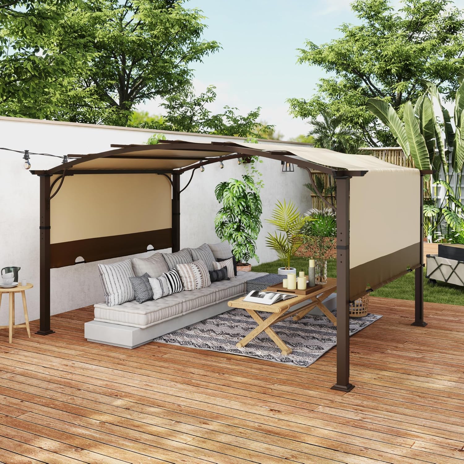 10 x13 Arched Outdoor Pergola for Deck, Outdoor Retractable Pergola with Canopy and Hardware