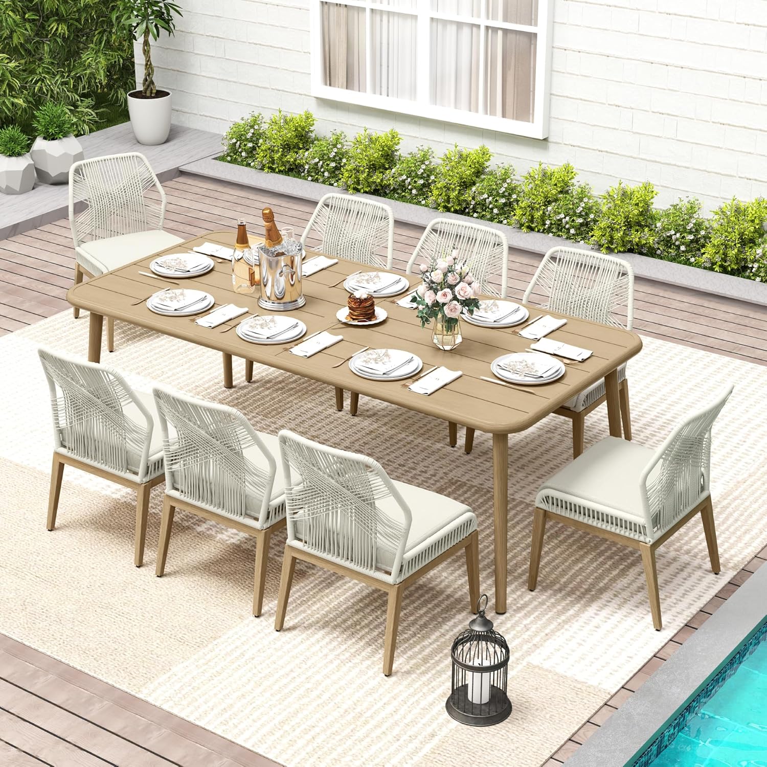 Patio Dining Set 9-Piece Outdoor, Wood-Grain Aluminum Table with Umbrella Hole