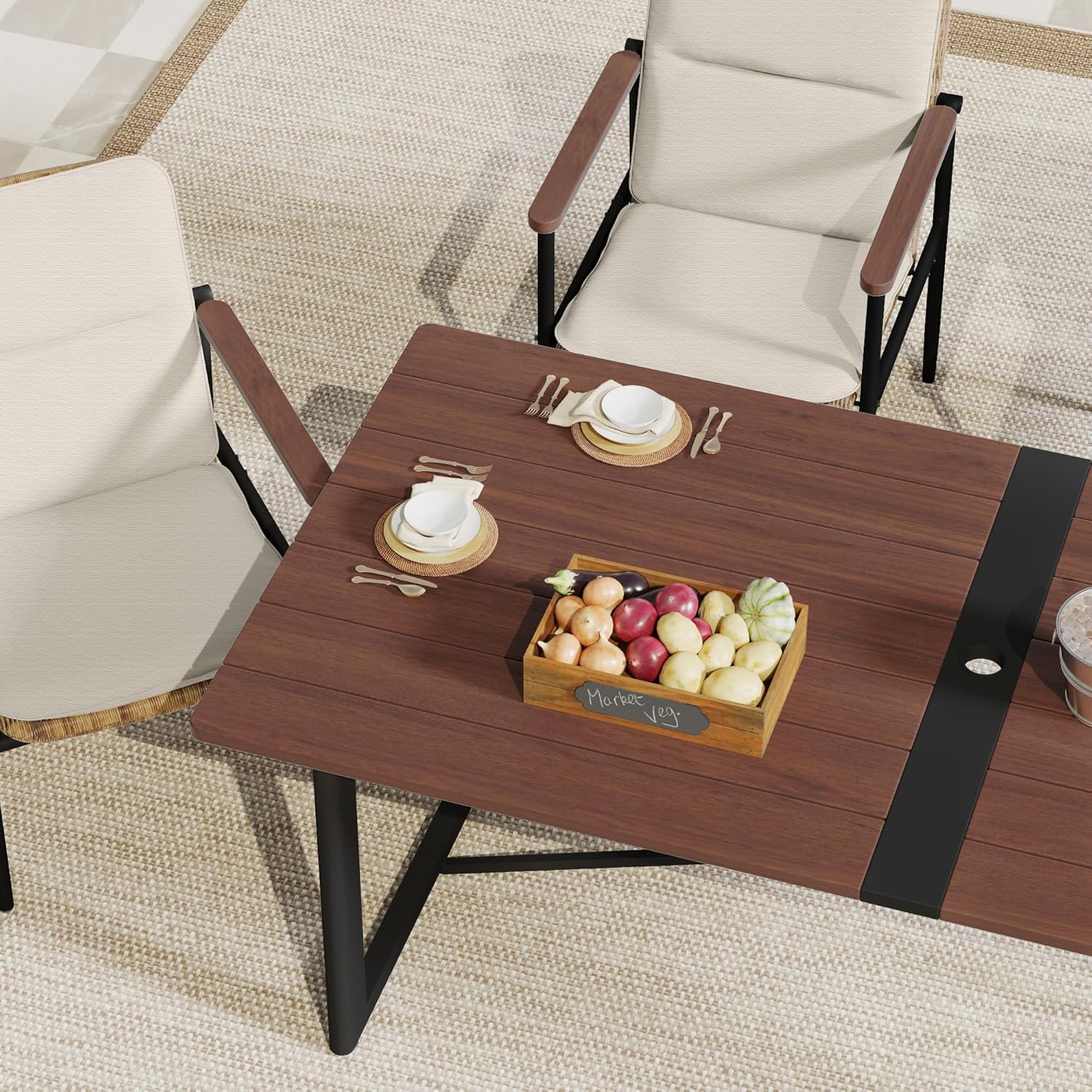 Patio Dining Table with Powder-Coated Aluminum Frame, Rectangle Outdoor Dining Table with Umbrella Hole