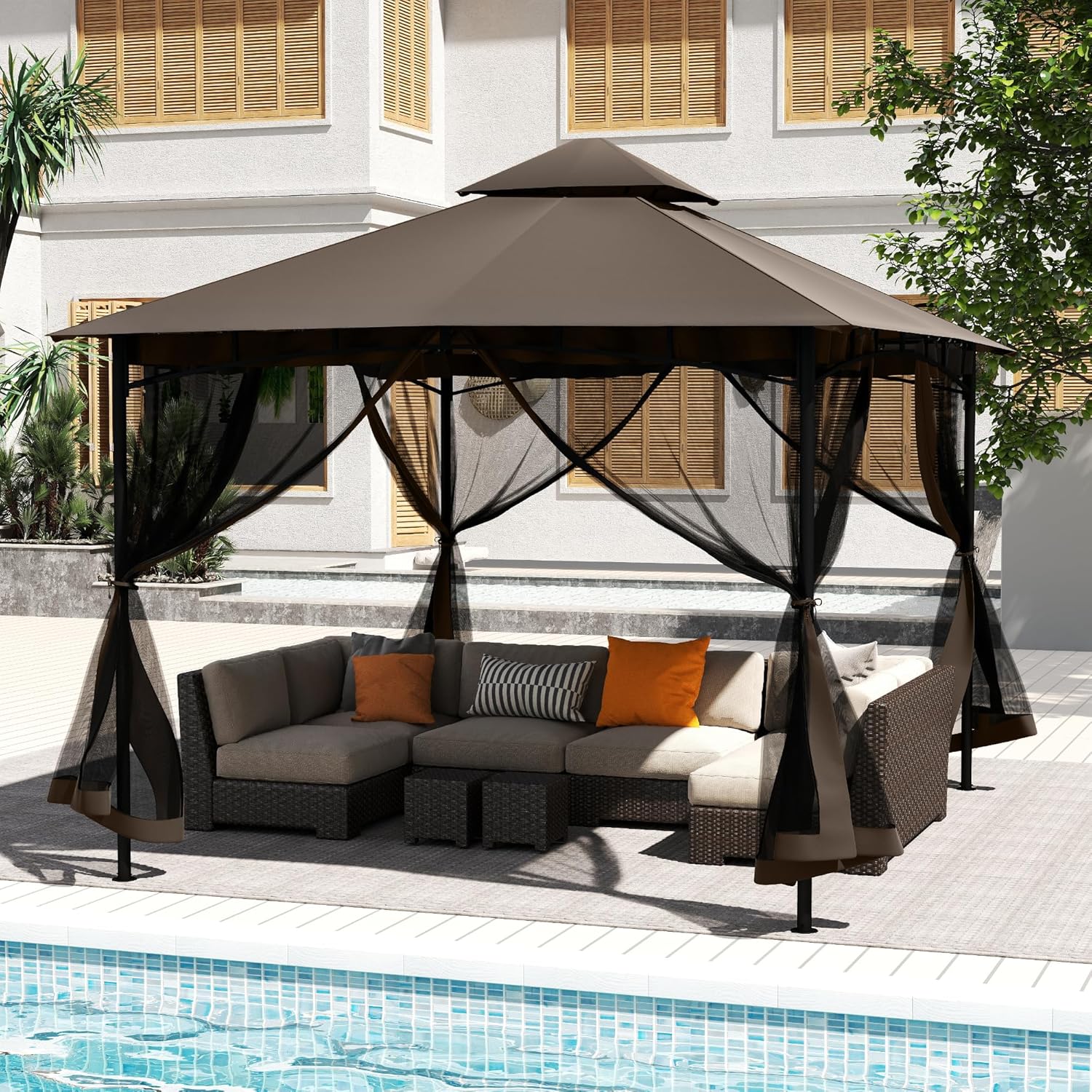 12' X 12' Patio Gazebo with Ventilation Double Roof, Outdoor Gazebo with Removable Mosquito Netting