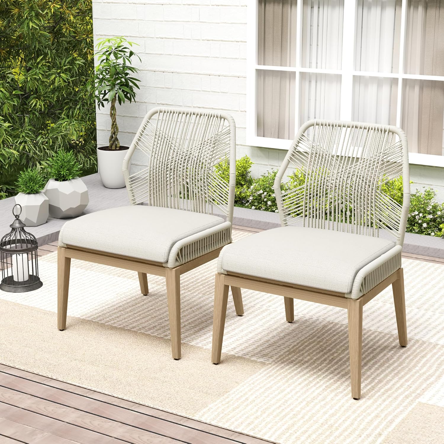 Aluminum Patio Dining Chairs Set of 2, All-Weather Woven Rope Back Outdoor Dining Chair with Aluminum Frame