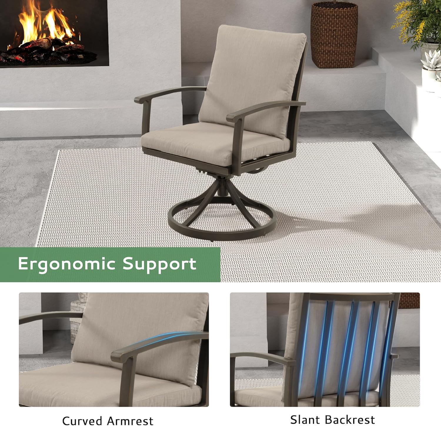 Outdoor Swivel Dining Chairs Set of 2, Aluminum Swivel Rocker Chairs with Curved Armrest & Aluminum Frame