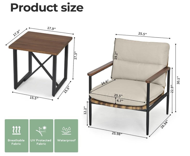 3-Piece Patio Outdoor Bistro Sets, All Weather Rattan Patio Furniture Set with Aluminum Frame Chairs and Side Table