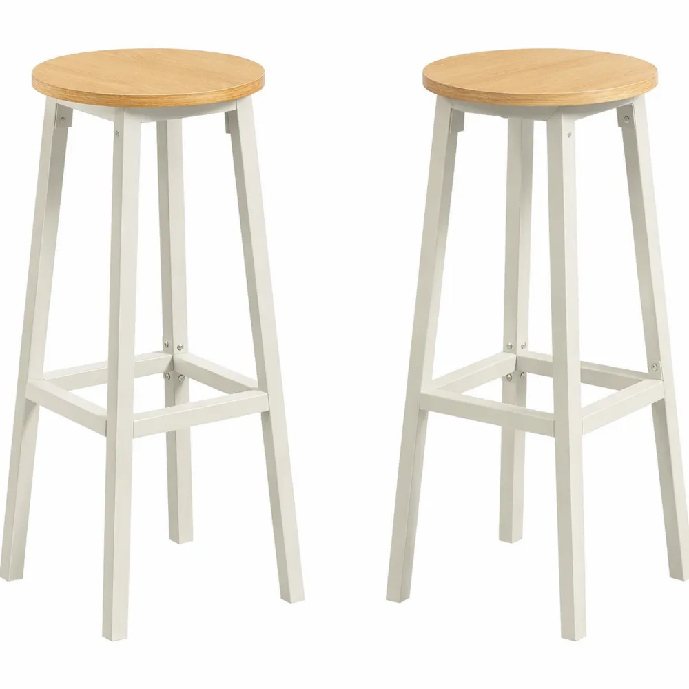 Lot de 2 tabourets de bar avec cadre métallique et repose-pieds, hauteur 74 cm, doré chêne et blanc