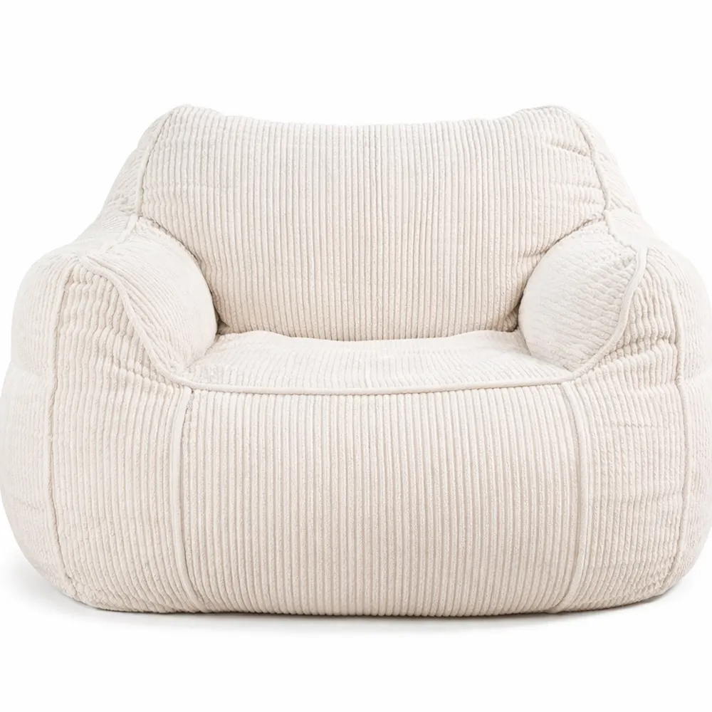 Pouf en Velours Côtelé Écru pour Salon et Chambre