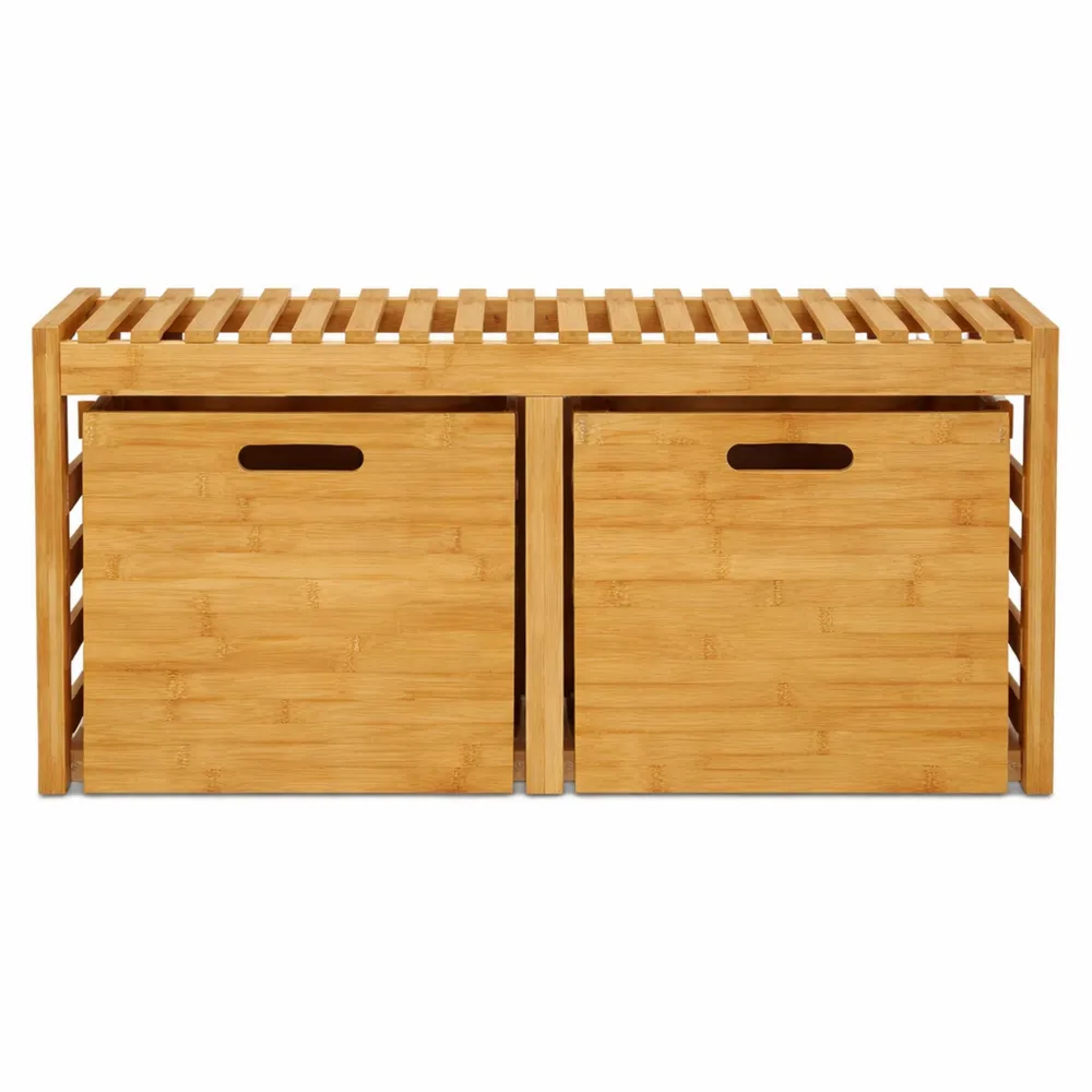 Banquette de rangement en bambou avec étagères de chaussures, pour entrée ou couloir