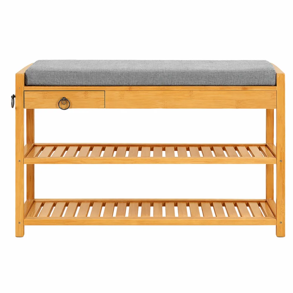 Banc de rangement multifonction en bambou avec tiroir caché et siège rembourré