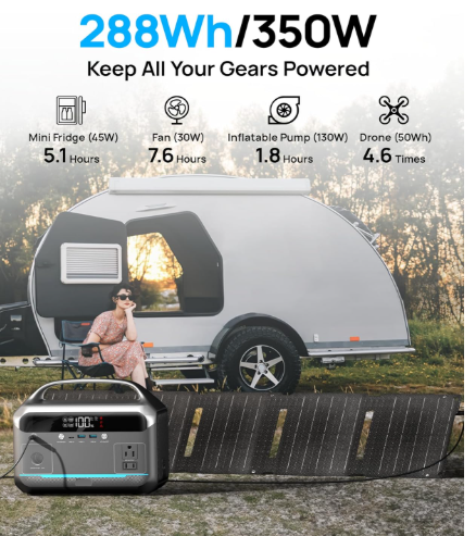 Portable Power Station 350W with 40W Foldable Solar Panel, 288Wh LiFePO4 Battery Solar Generator