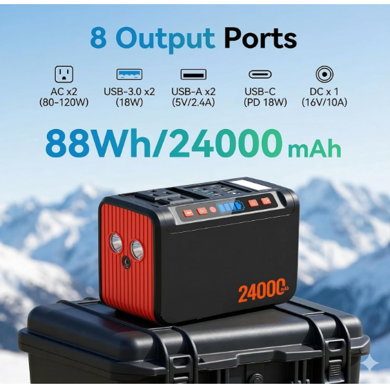 88.8Wh Portable Power Station Peak 120W Lithium Battery Small Generator Power Bank with 110V AC Outlet Battery Backup for Camping Home Use