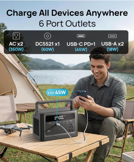 Portable Power Station 700W Surge, 288Wh LiFePO4 Battery Backup, Power Bank with AC Outlet 350W/110V, Solar Generator Fast Charging for Camping