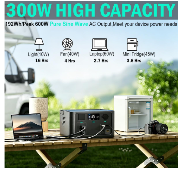 Portable Power Station 300W, 600W Peak Backup LiFePO4 Battery, 192Wh Solar Generator with 120V Pure Sine Wave AC Outlet for Camping Emergency Travel
