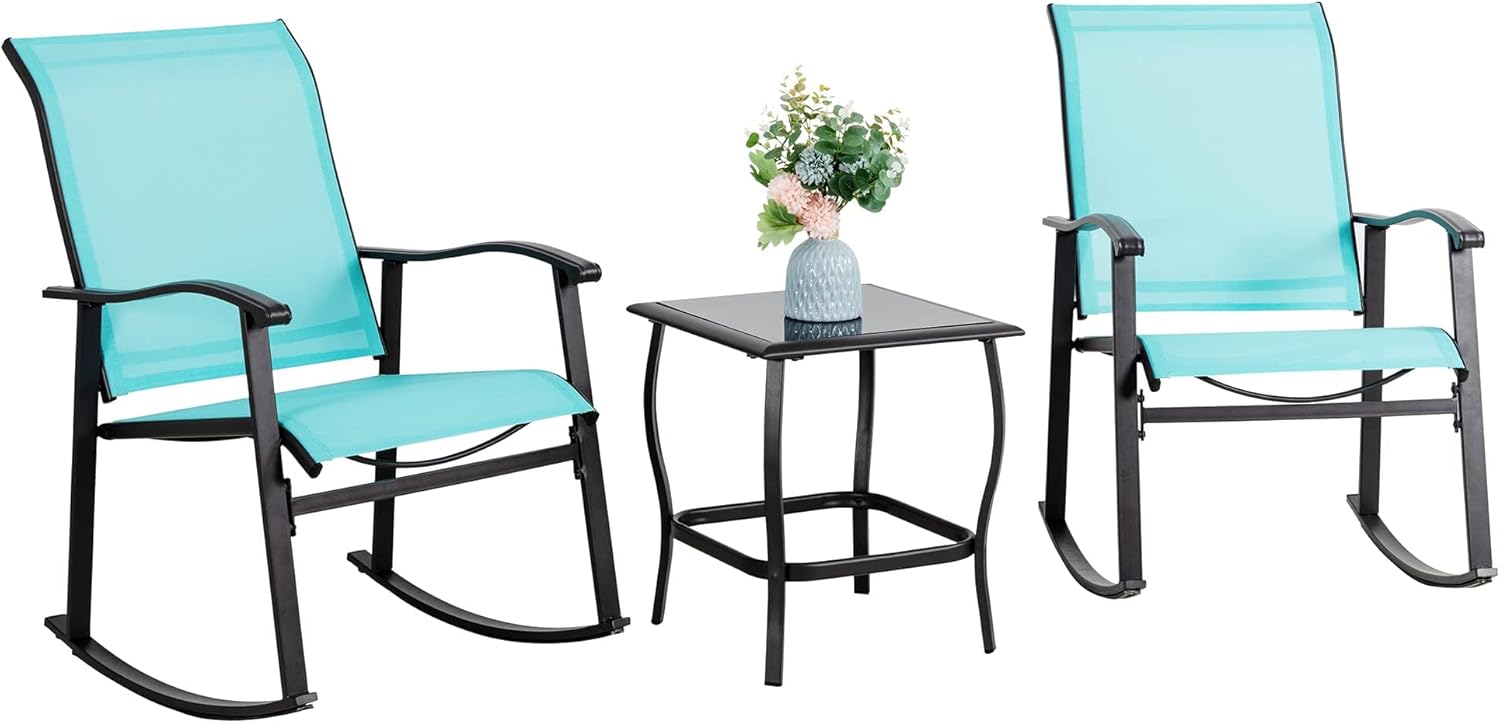 3 Piece Outdoor Rocking Bistro Set, Textilene Fabric Small Patio Furniture Set, Front Porch Rocker Chairs Conversation Set