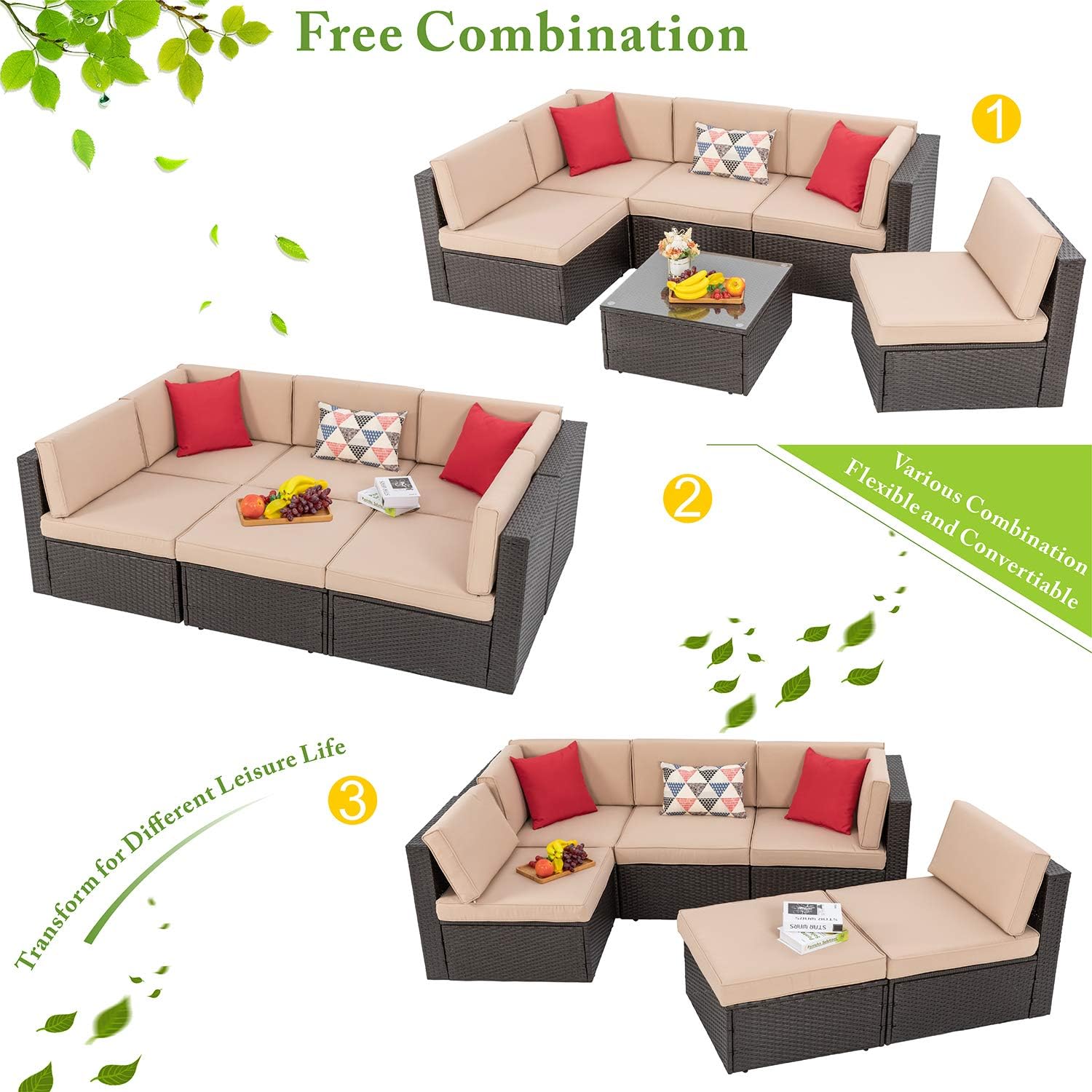6 Piece Patio Furniture Set, Small Outdoor Sectional Sofa Couch, All Weather PE Wicker L-Shaped Corner Patio Sofa