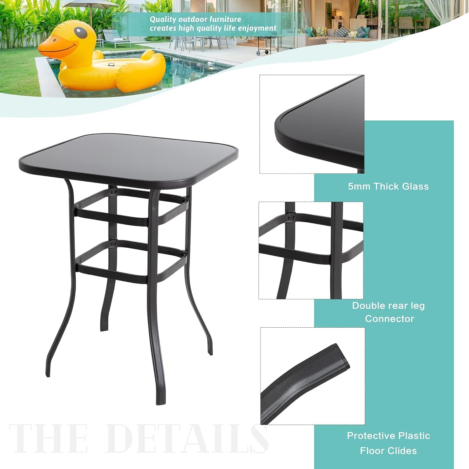 5 Piece Patio Swivel Bar Set, All Weather Mental Textilene High Swivel Bar Stools Chair Set of 4 and High Glass Bar Table