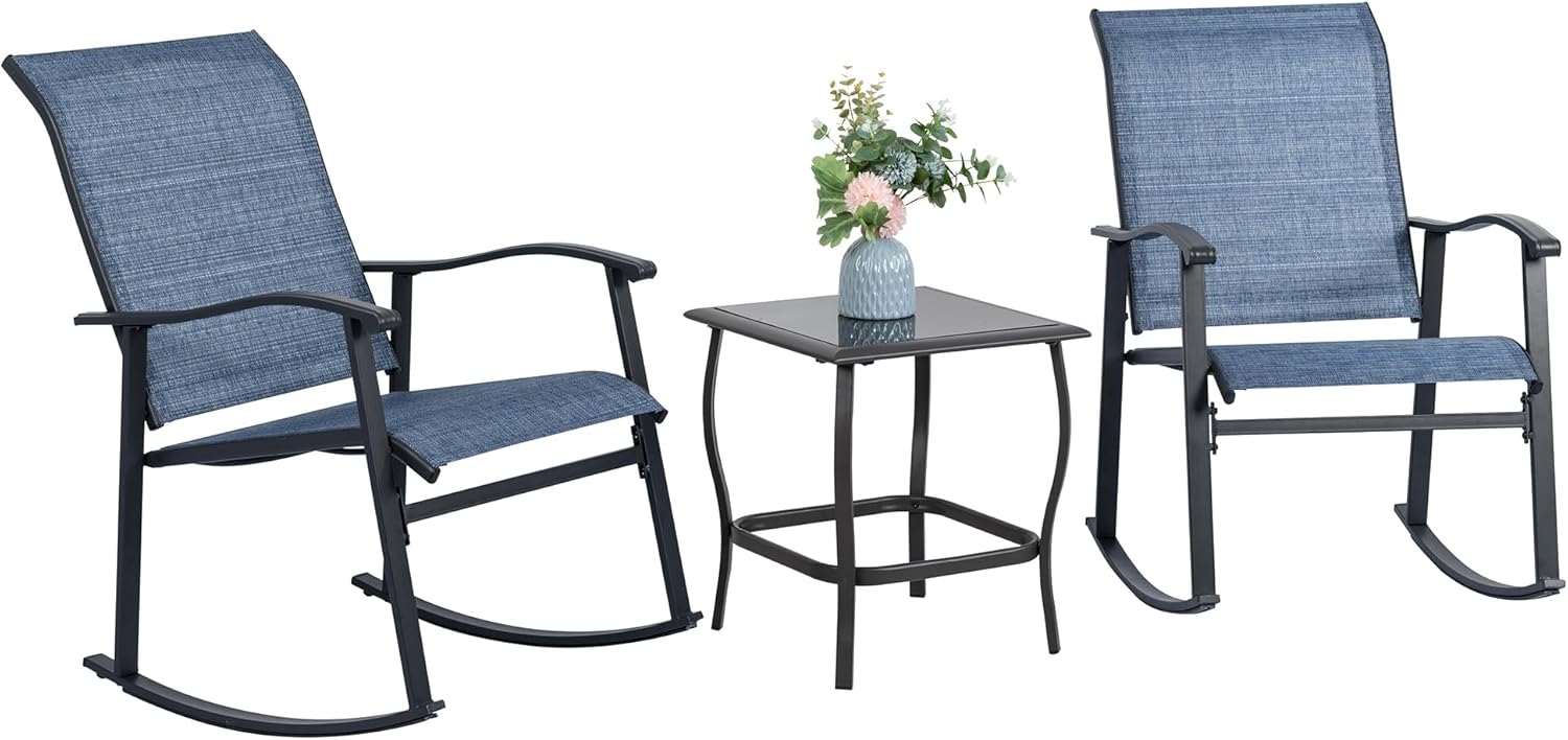 3 Piece Outdoor Rocking Bistro Set, Textilene Fabric Small Patio Furniture Set, Front Porch Rocker Chairs Conversation Set