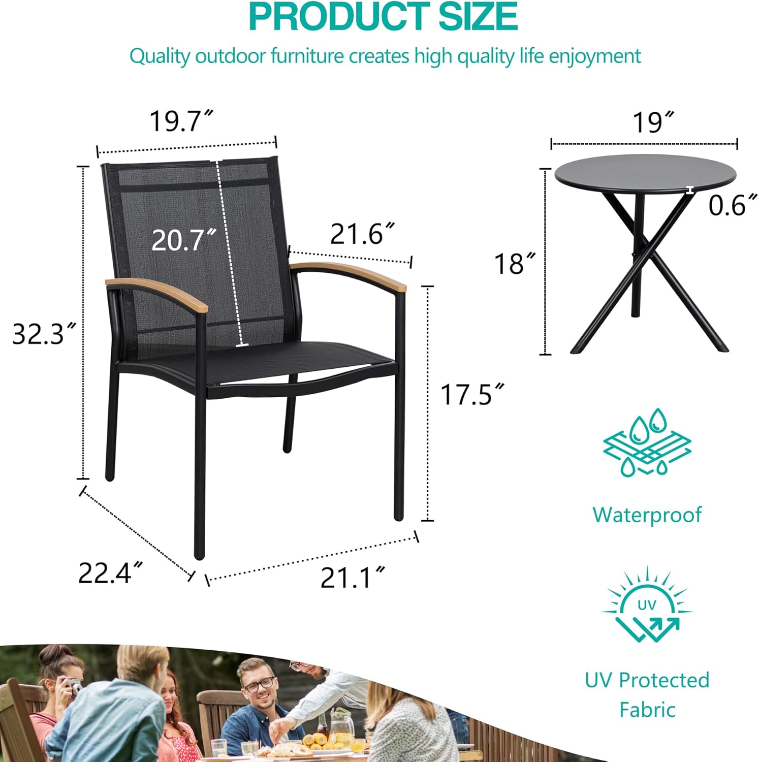 3-Piece Patio Bistro Set, Outdoor Small Furniture Set Textilene Fabric Conversation Bistro Sets