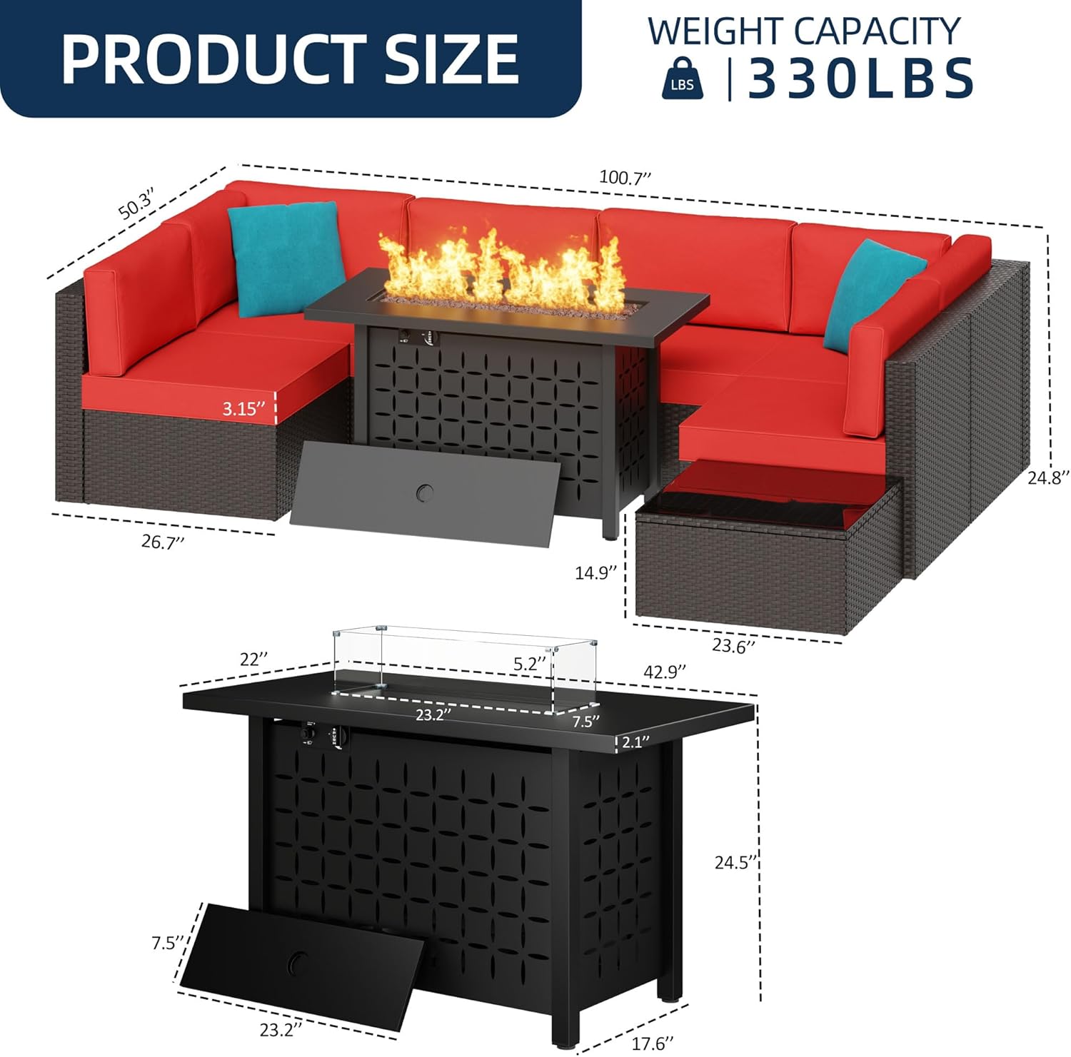 8 Piece Patio Furniture Set with Propane Fire Pit Table, Outdoor Conversation Sets