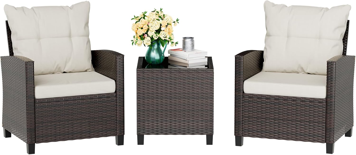 3 Piece Patio Furniture Set Small Outdoor Wicker Rattan Front Porch Bistro Set Cushioned Patio Chairs Conversation Set