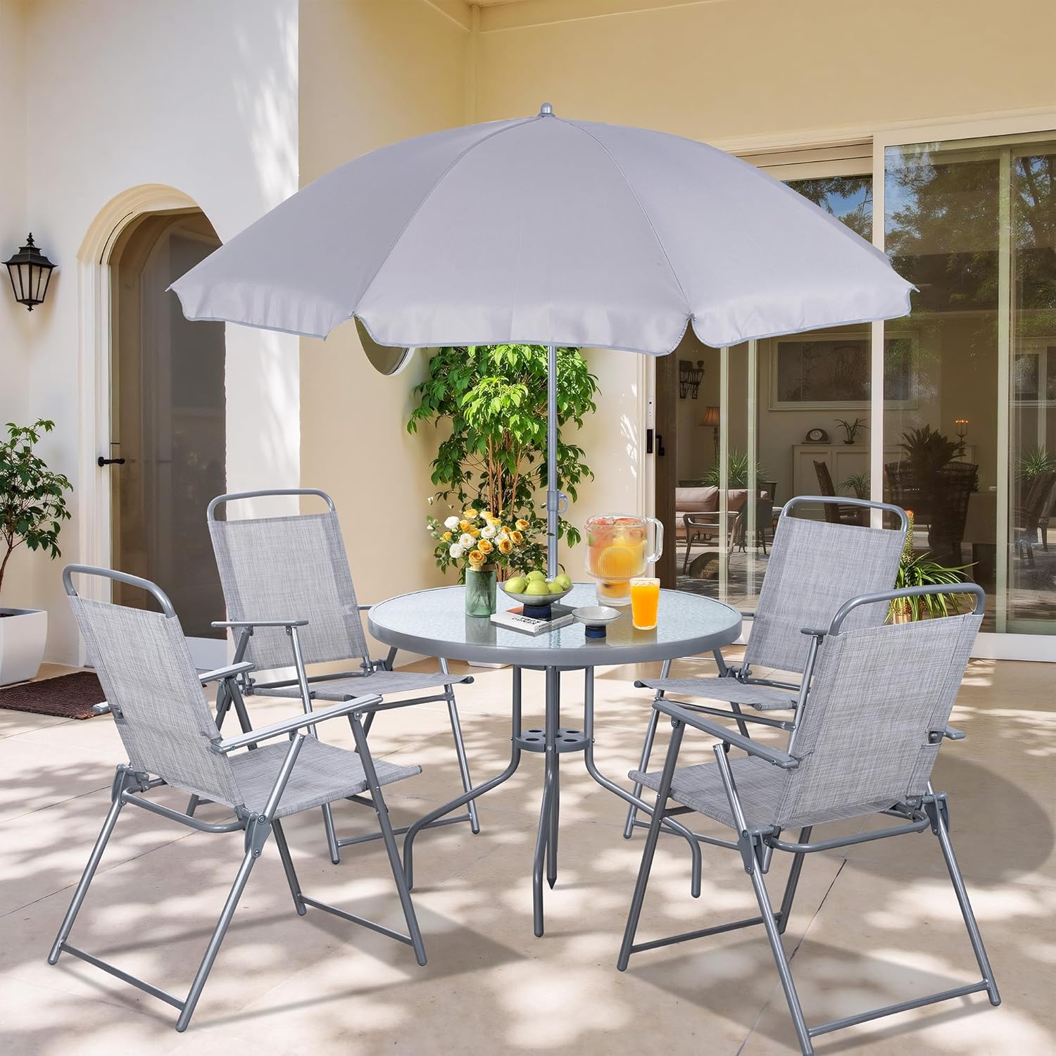 6 Pieces Folding Patio Dining Set, All Weather Small Metal Outdoor Table and Chairs Set, Patio Furniture Set w/Umbrella