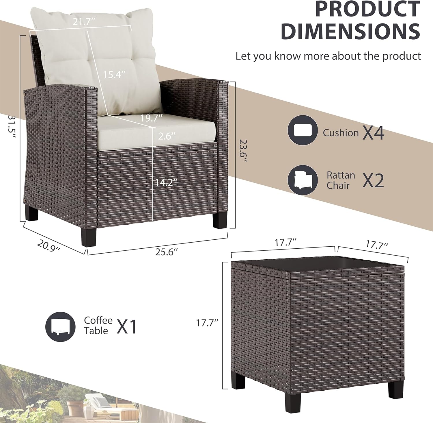 3 Piece Patio Furniture Set Small Outdoor Wicker Rattan Front Porch Bistro Set Cushioned Patio Chairs Conversation Set