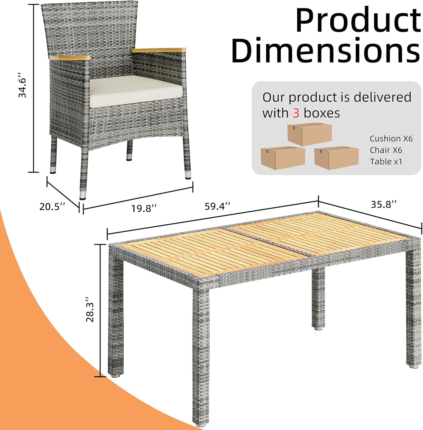 7 Piece Small Patio Dining Set, Space-Saving Outdoor Wicker Furniture Conversation Set with Wood Table and Cushioned Rattan Chairs