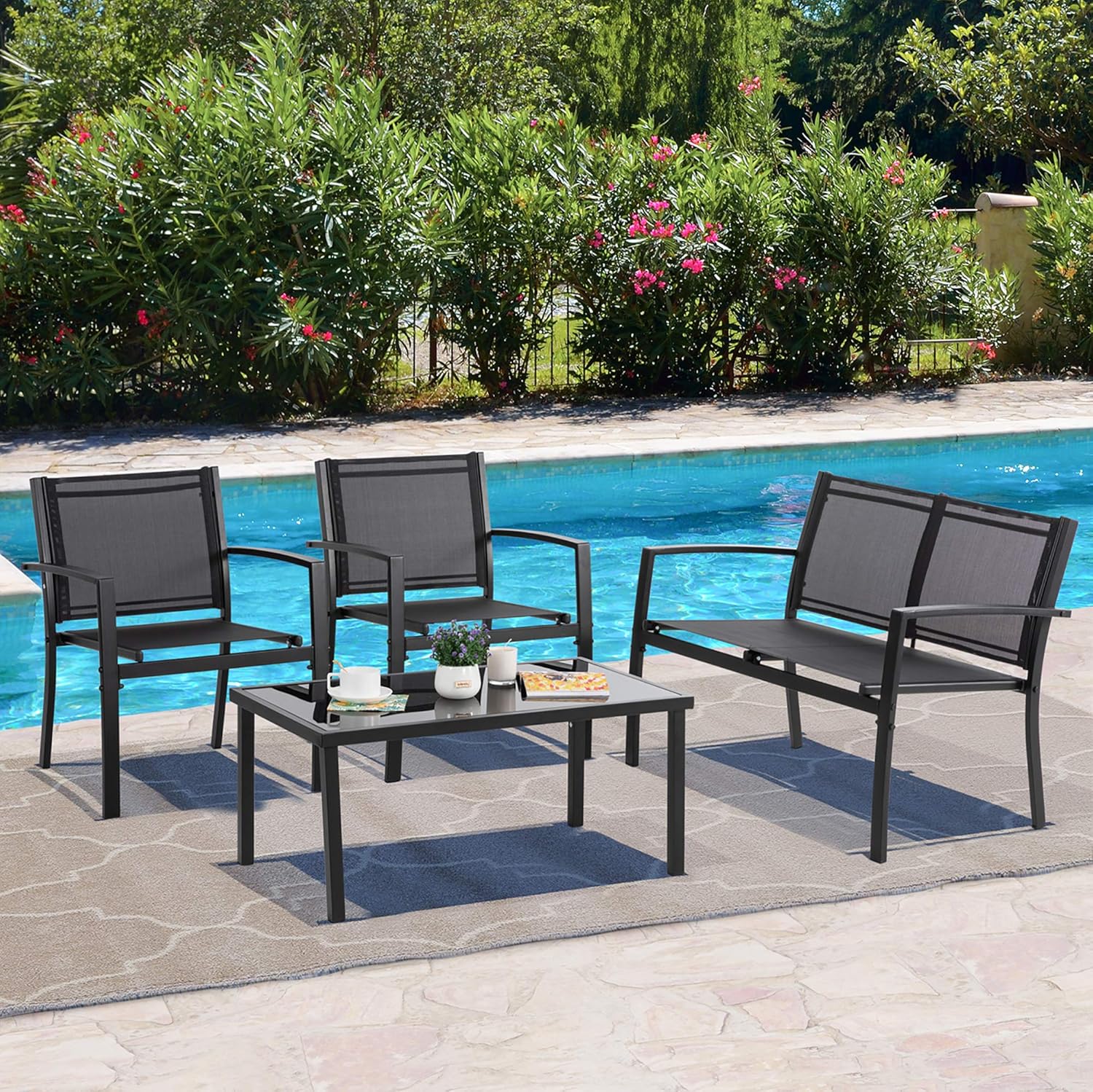 4 Pieces Patio Furniture Sets,Outdoor Patio Conversation Sets with Glass Coffee Table, Small Porch Balcony Furniture