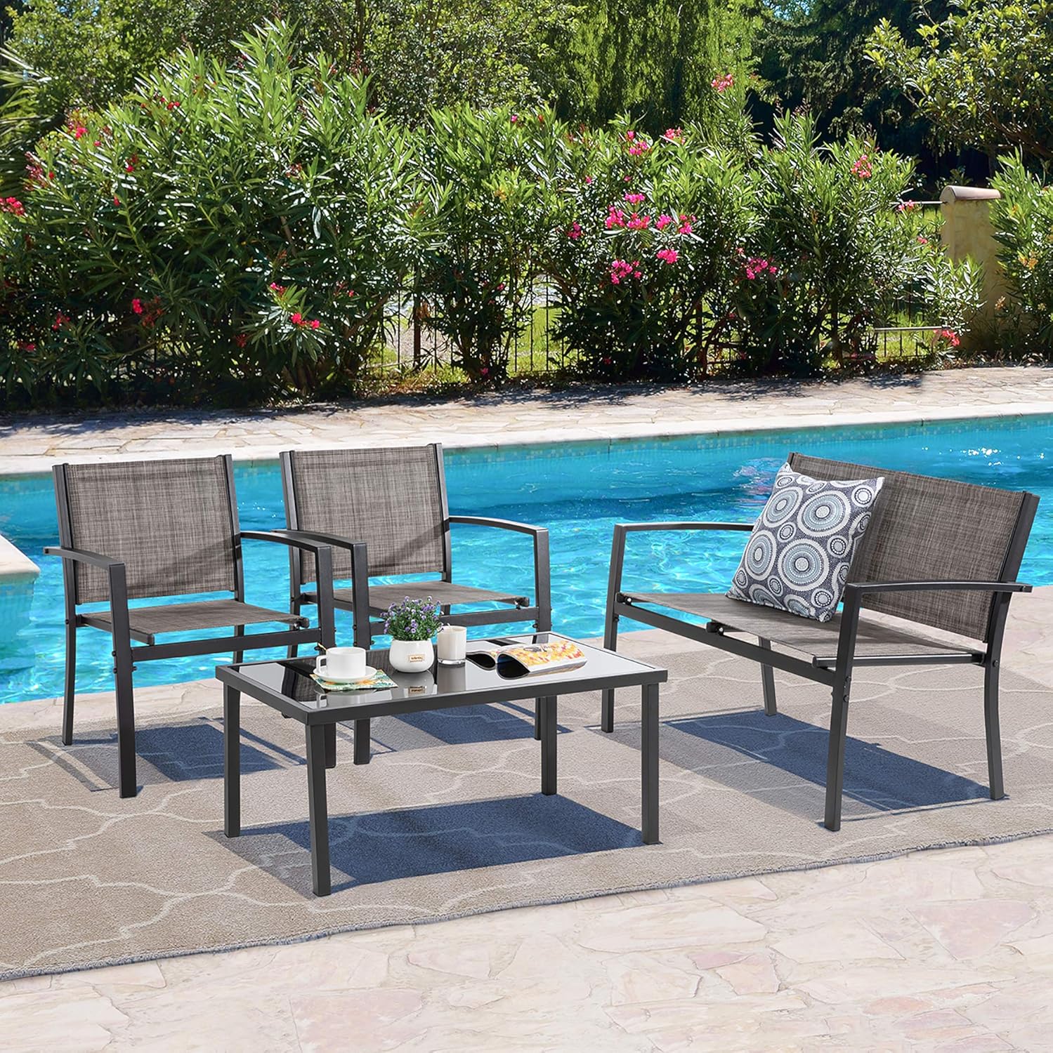 4 Piece Outdoor Patio Furniture Sets, Modern Textilene Bistro Set Patio Conversation Set